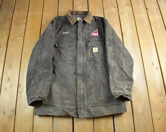 Vintage 1990s Carhartt Blanket Lined Jacket Mens 48 Tall / Distressed Sun Faded / 90s Coat / Black Workwear Coat