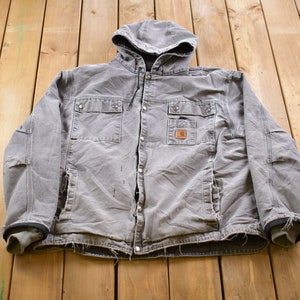 Vintage 1990s Carhartt Hooded Jacket / Workwear / Streetwear /  / Sherpa Lined Jacket / Distressed Carhartt / Union Made