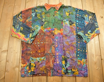 Vintage 1980s Passion Design Button Up Shirt /  Abstract Pattern / Formal Shirt / Colorful / Picaso Style