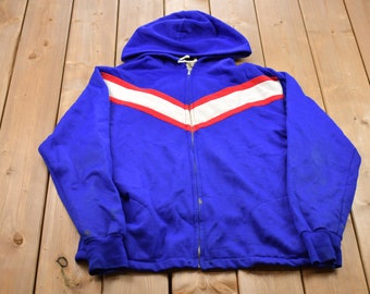 Bluza z kapturem w paski z lat 90. zapinana na suwak / Bluza z kapturem z lat 90. / Sweter vintage / Bloki kolorów / Bluza z kapturem z trójkątnym wzorem / Kolorowa bluza z kapturem / Niebieska bluza z kapturem