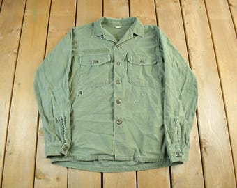 Vintage 1960s OG-107 Military Sateen Shirt Men's M-L / Marine Corps / Vietnam Era / Combat Shirt / 60s Militaria