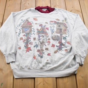 Vintage 1990s Basic Editions Birdhouse Crewneck Sweatshirt / Made in USA / Mock Neck /90s Crewneck / Cute Vintage / Athleisure / Streetwear