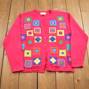 Suéter cárdigan vintage de punto rosa con patchwork de bechamel de los años 90