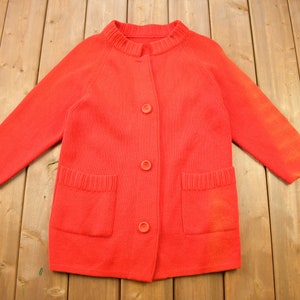 Vintage 1980s Red/Orange Blank Knitted Cardigan Sweater / Vintage Cardigan / Button Up / Solid Color / Bleach Stain