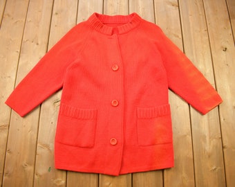 Vintage 1980s Red/Orange Blank Knitted Cardigan Sweater / Vintage Cardigan / Button Up / Solid Color / Bleach Stain