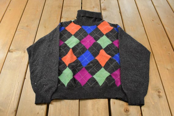 Vintage 1990s United Colors of Benneton Argyle Wool Knit Turtleneck Sweater Men's M / All Over Print / Made in Italy