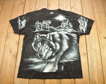 Vintage 1994 Grey Wolf Theme All Over Print Graphic T-Shirt / Size XL / Single Stitch / Streetwear / Nature T Shirt / Outdoorsman