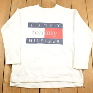 Vintage 1990s Tommy Hilfiger Big Flag Crewneck Sweatshirt / Made In USA / 90s Crewneck / Streetwear / White Crewneck / 90s Tommy
