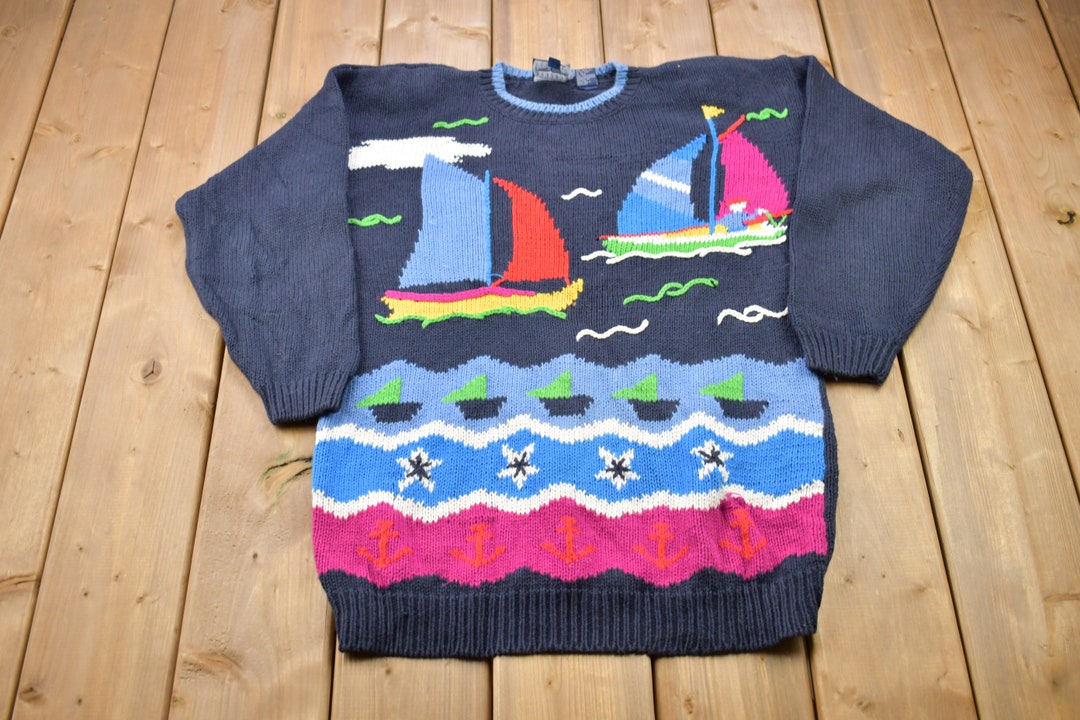 Vintage 1980s Sailing Theme Knit Crewneck Sweater Vintage 80s