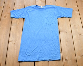 Vintage 1970s Health Knit Blue Basic T-Shirt / Graphic / 80s / 90s / Streetwear / Retro Style / Single Stitch / Made In USA