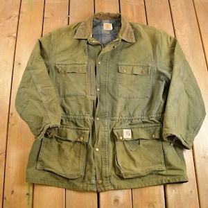 Vintage 1980s Army Green Carhartt Chore Coat Jacket / Vintage Workwear / Streetwear / Made In USA / 90s / Distressed Carhartt