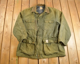 Vintage 1980s Army Green Carhartt Chore Coat Jacket / Vintage Workwear / Streetwear / Made In  / 90s / Distressed Carhartt