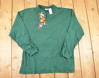 Vintage 1990s Winnie The Pooh Gang Embroidered Disney Crewneck Shirt Men's L / Vintage Mickey Mouse Sweatshirt / Button Up Cartoon Sweater