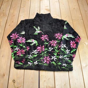 Vintage 1990s Flower Theme Zip Up Fleece Sweater