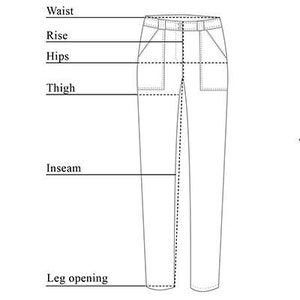 May include: Line drawing of pants with measurements labeled for waist, rise, hips, thigh, inseam, and leg opening.