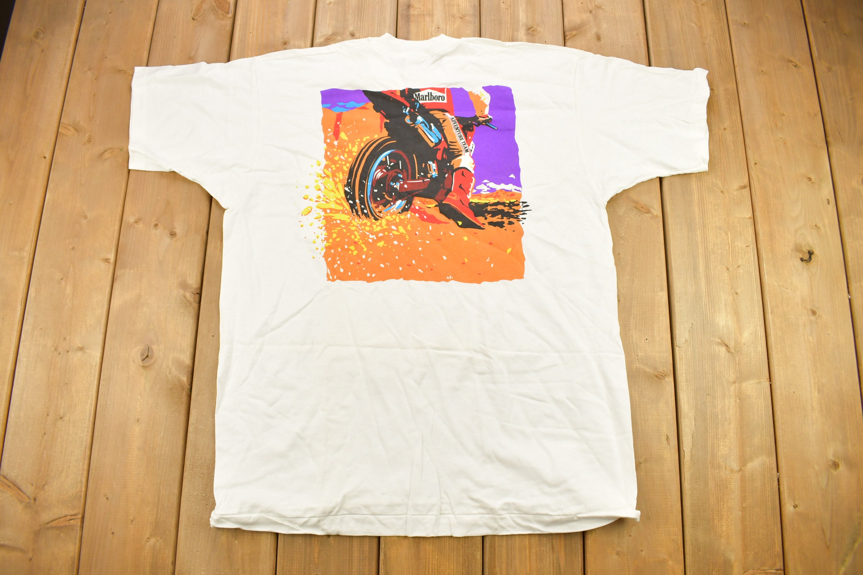 Vintage 1990s Marlboro Adventure Team Dirt Bike Graphic Pocket T 
