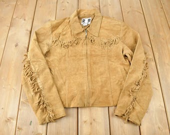 1990s Leather Denim Fringe Unisex Western Jacket (medium) - Etsy