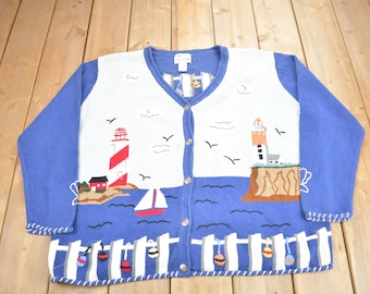 Suéter de punto bordado con temática de faro vintage de los años 90 / Suéter bonito / Patchwork / The Quacker Factory