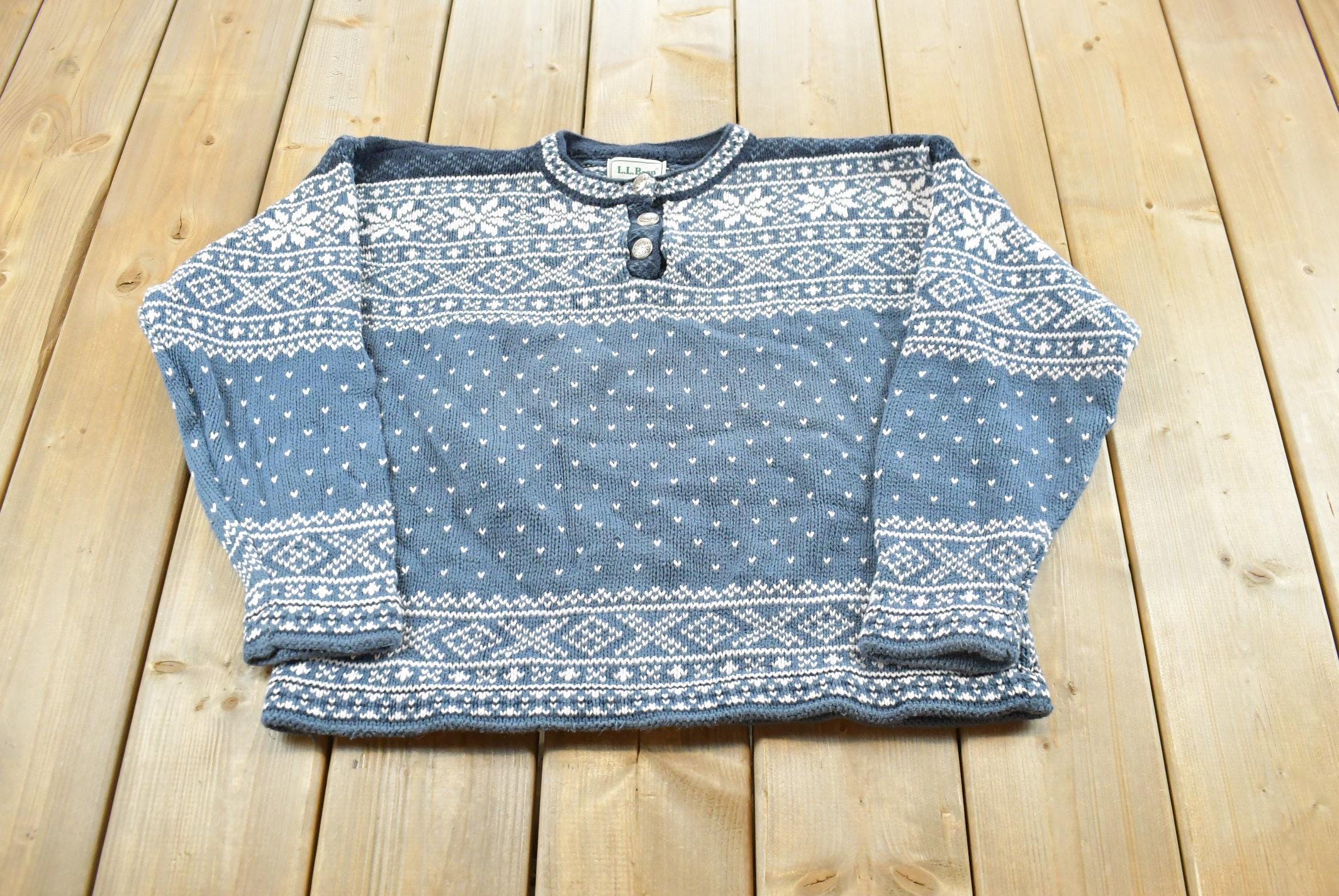 Vintage 1990s LL Bean Cotton Knit Sweater Women's L / Button Collar Cozy Pullover / Outdoorsman / 90s Streetwear