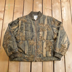 Vintage 1990s Trophy Camo Bomber Jacket Woodland Goose Down Fill / Streetwear / 90s / Hunting