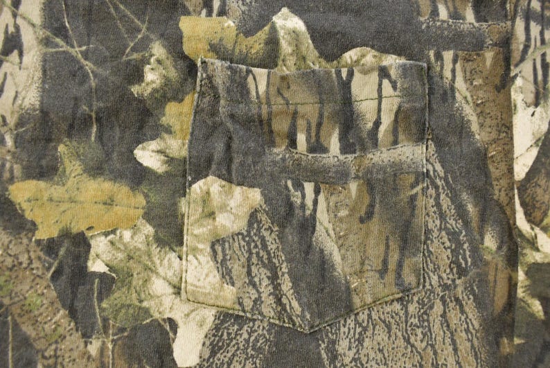 May include: Close-up of a camouflage-patterned shirt with a pocket. The fabric features a mix of green, brown, and tan colours, resembling a forest environment. The pocket is rectangular and sewn onto the shirt.