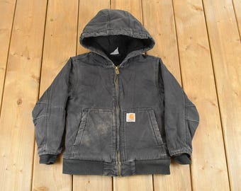Vintage 1990s Carhartt Hooded Distressed Work Jacket Youth XS / Workwear / Streetwear / Carhartt Jacket / Carhartt Zip Up