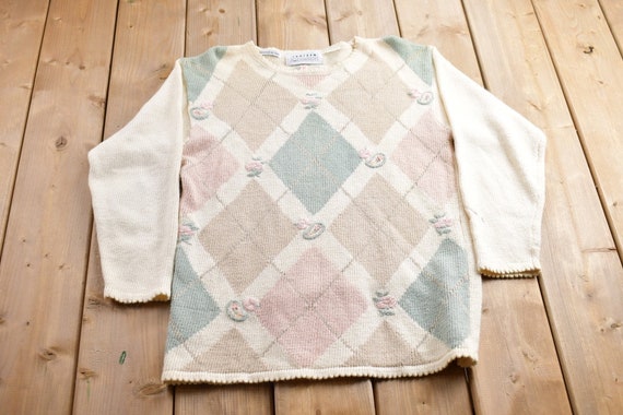 Vintage 1990s Jantzen Hand Embroidered Argyle Crewneck Sweater 
