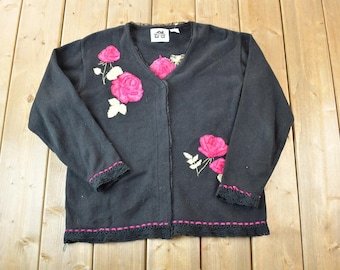 Cardigan vintage anni '90 Storybook Knits con ricamo floreale, perfetto, in leggero stato di usura, prodotto negli Stati Uniti.