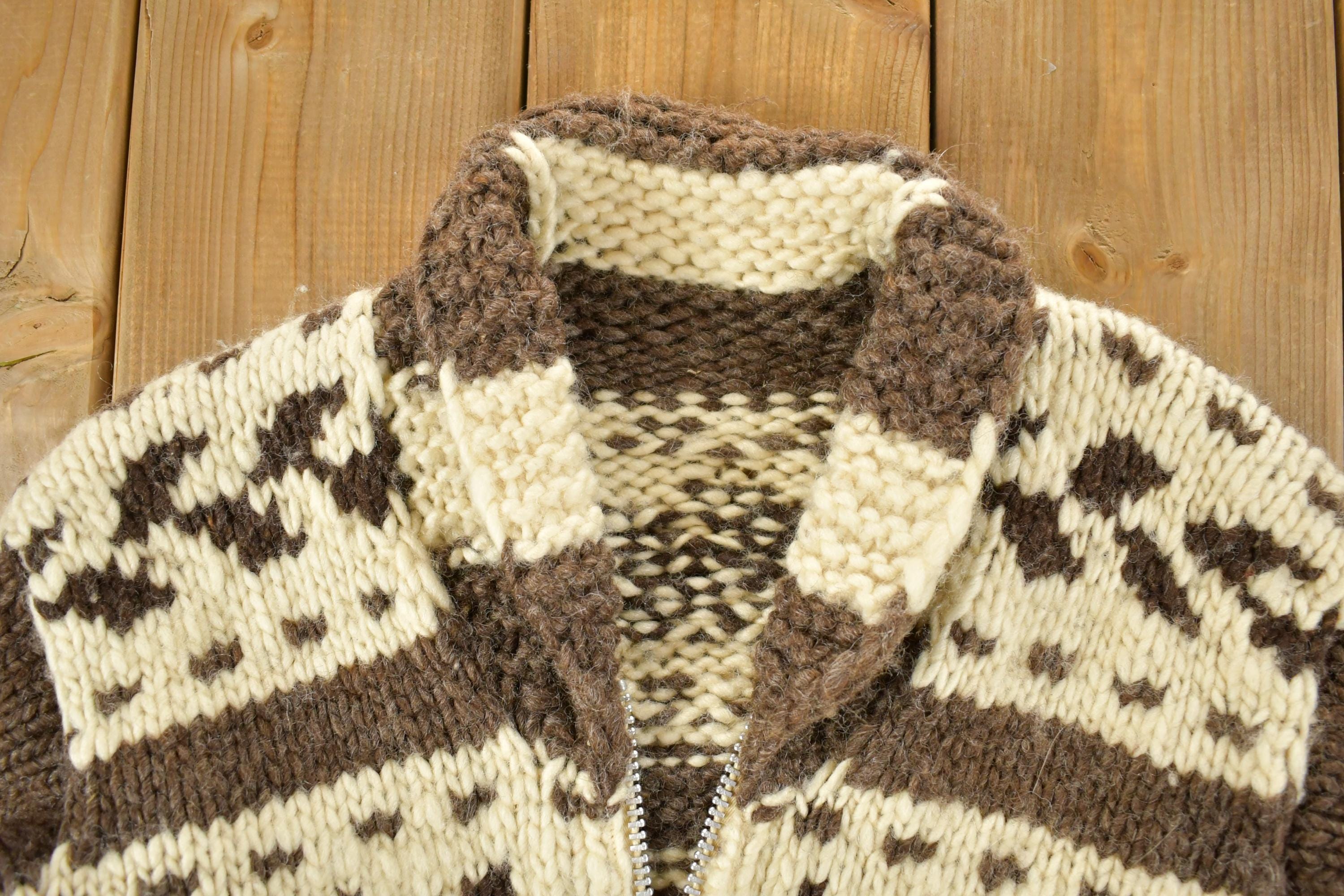 Vintage 1980s Heavy Wool Knit Collared Zip up Sweater Jacket / 80s 