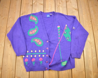 Vintage 1990s EP Pro Golding Theme Knitted Cardigan Sweater / Vintage Cardigan / Button Up / Abstract Pattern