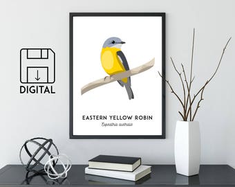 Yellow Robin print, Robin gifts, printable bird art, animal print, Australian wall art, Australian wildlife, nursery art, nursery decor