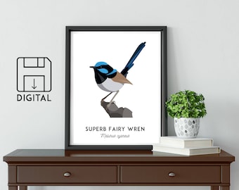 Blue Wren print, printable bird art, Wren art, animal print, Australian wall art, Australian wildlife, nursery art, nursery decor