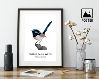 Blue Wren poster, bird art, Wren art, animal print, Australian wall art, Australian wildlife, nursery art, nursery decor