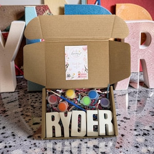 Puede incluir: Una caja de cartón abierta revela un kit para pintar. En su interior, un juego de pinturas de colores, un pincel y letras de cerámica que deletrean "RYDER" son visibles. También se incluye una pequeña tarjeta con el texto "do da daisy".