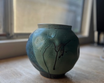 Irregular Dark and Turquoise Moon Jar