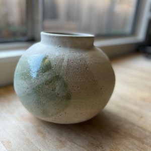 Handmade Green Brush Speckled Stoneware Moon Jar