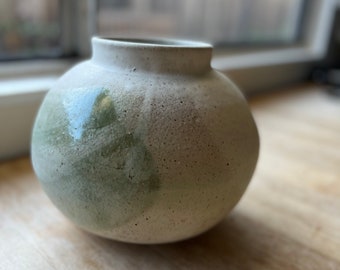 Handmade Green Brush Speckled Stoneware Moon Jar