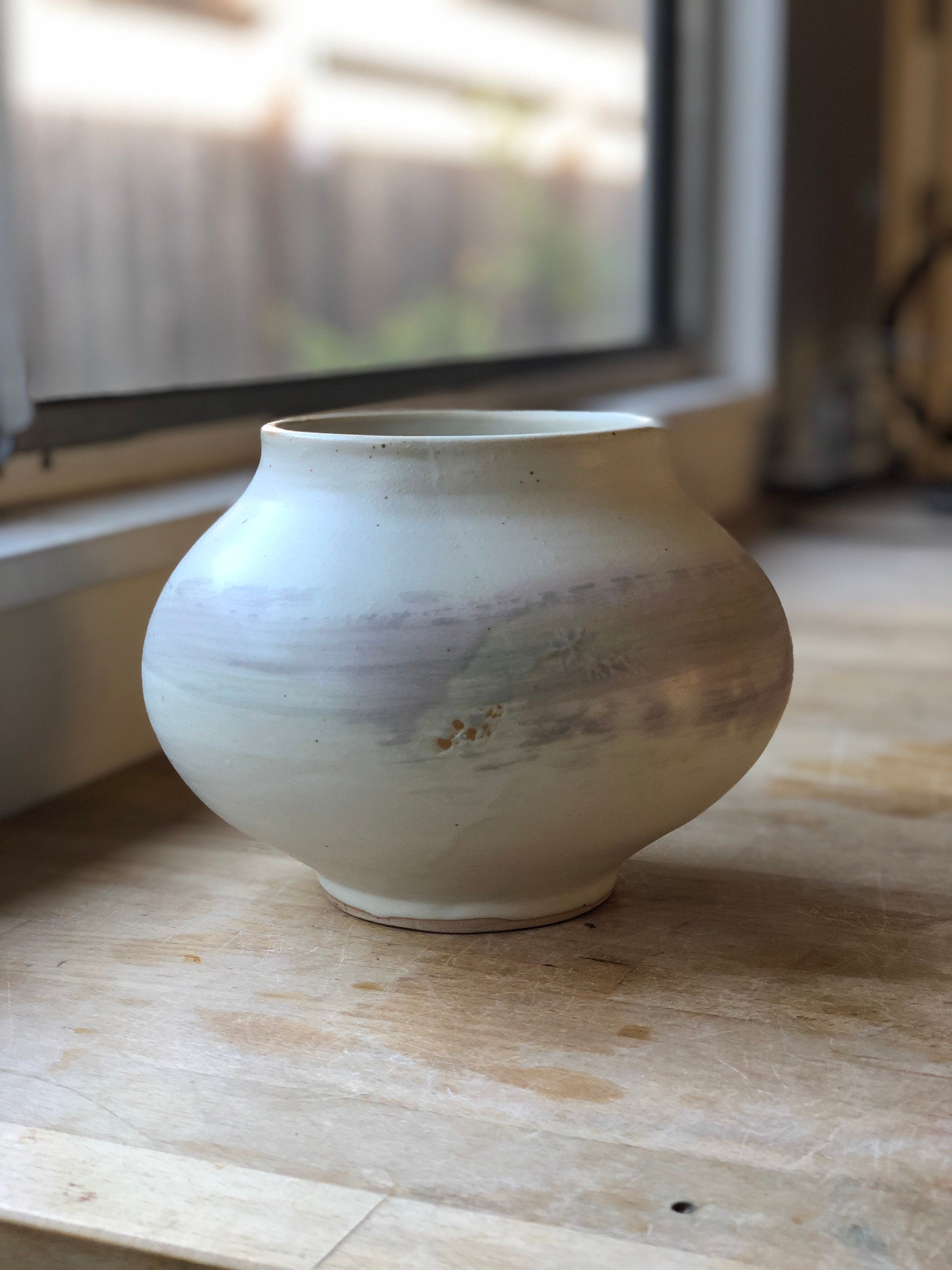 White matte moon jar vase with brush of turquoise color Etsy