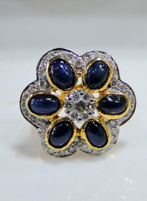 Gold Sapphire ring, Gold Diamond ring, designer c… - image 1