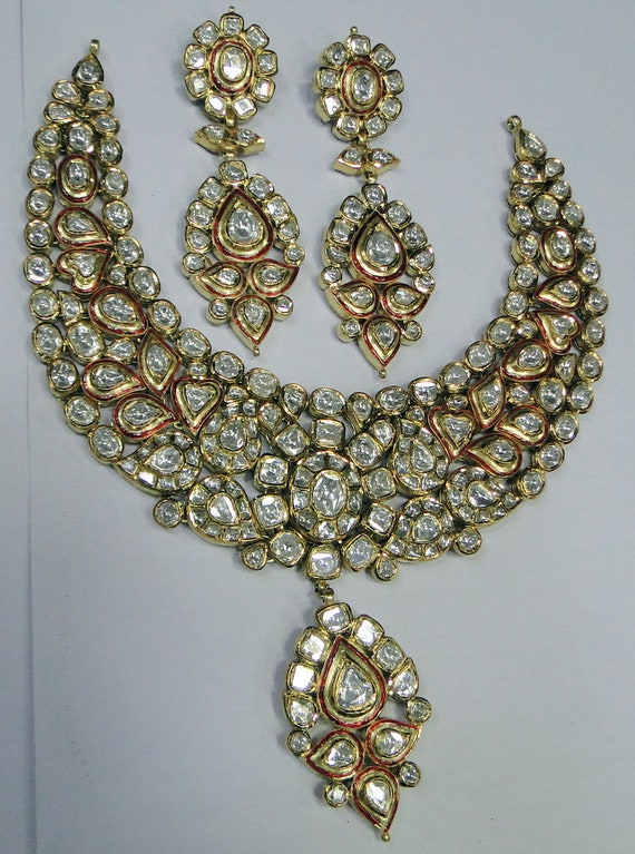22K Gold Diamond Polki Necklace Earrings Set 13042 Etsy UK