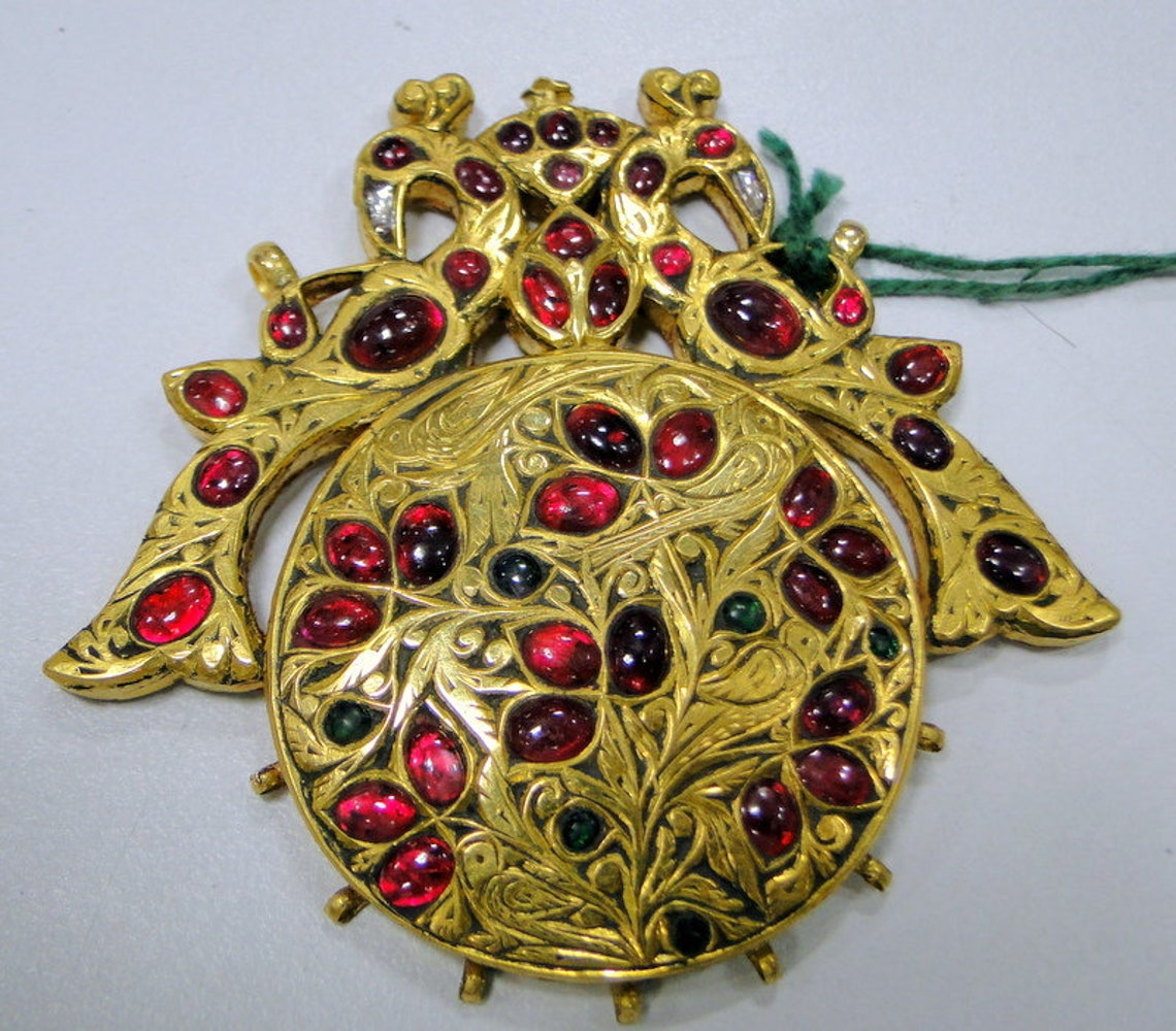 Vintage 22K Gold Ruby Gemstone Kundand Meena Pendant Mughal Style