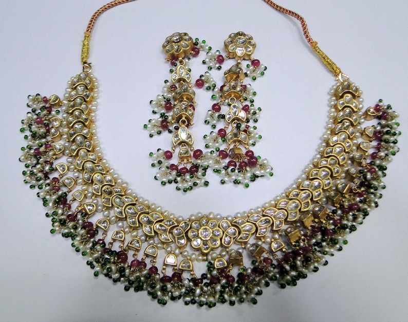 22K Gold Diamond Polki Necklace Earrings Set 13040 - Etsy