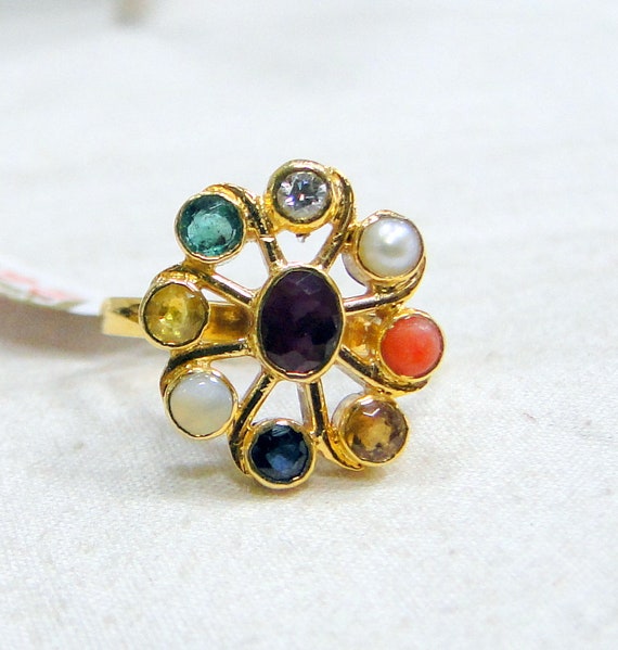 Gold Navratna Gemstone ring 18K Gold Gemstone jewe