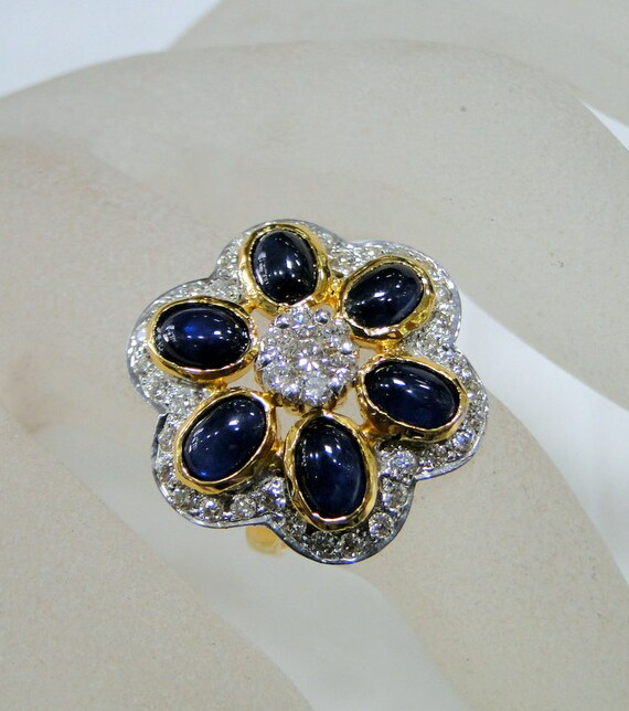 Gold Sapphire ring, Gold Diamond ring, designer c… - image 3