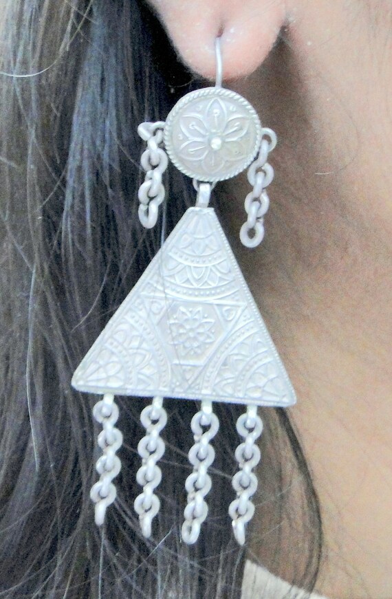 Ethnic Tribal  Sterling Old Silver Long Dangle Ea… - image 4