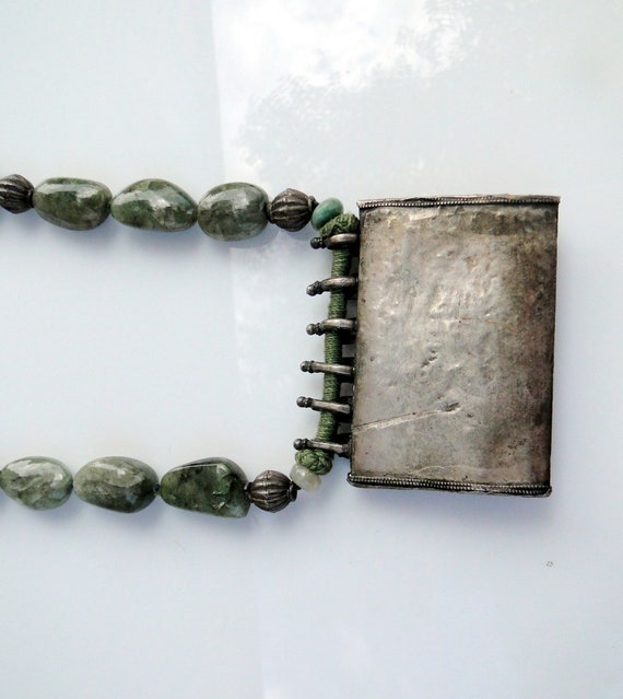 Ethnic Tribal Old Silver Green Onyx Gemstone Bead… - image 5