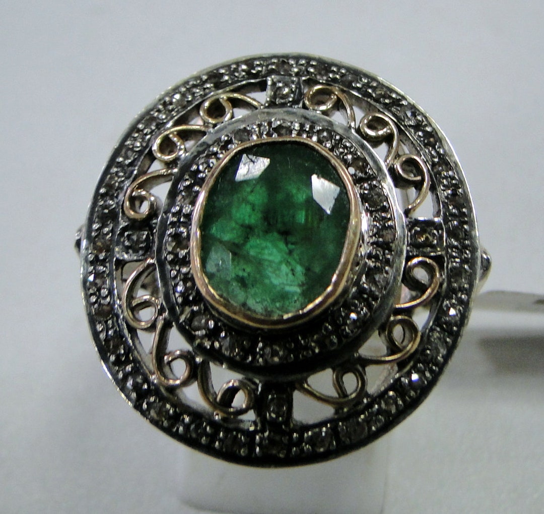Victorian Diamond EMERALD Silver Gold Ring Etsy