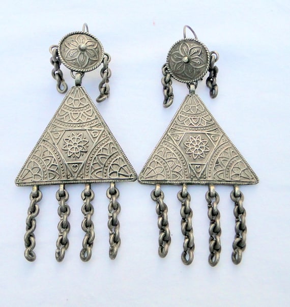 Ethnic Tribal  Sterling Old Silver Long Dangle Ea… - image 1