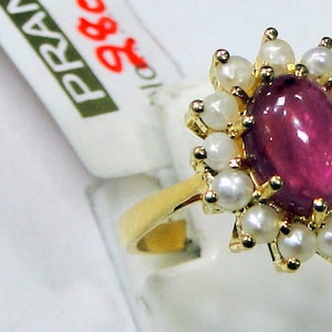 18K Gold Pearl Ruby Gemstone Ring Fine Handmade Jewelry