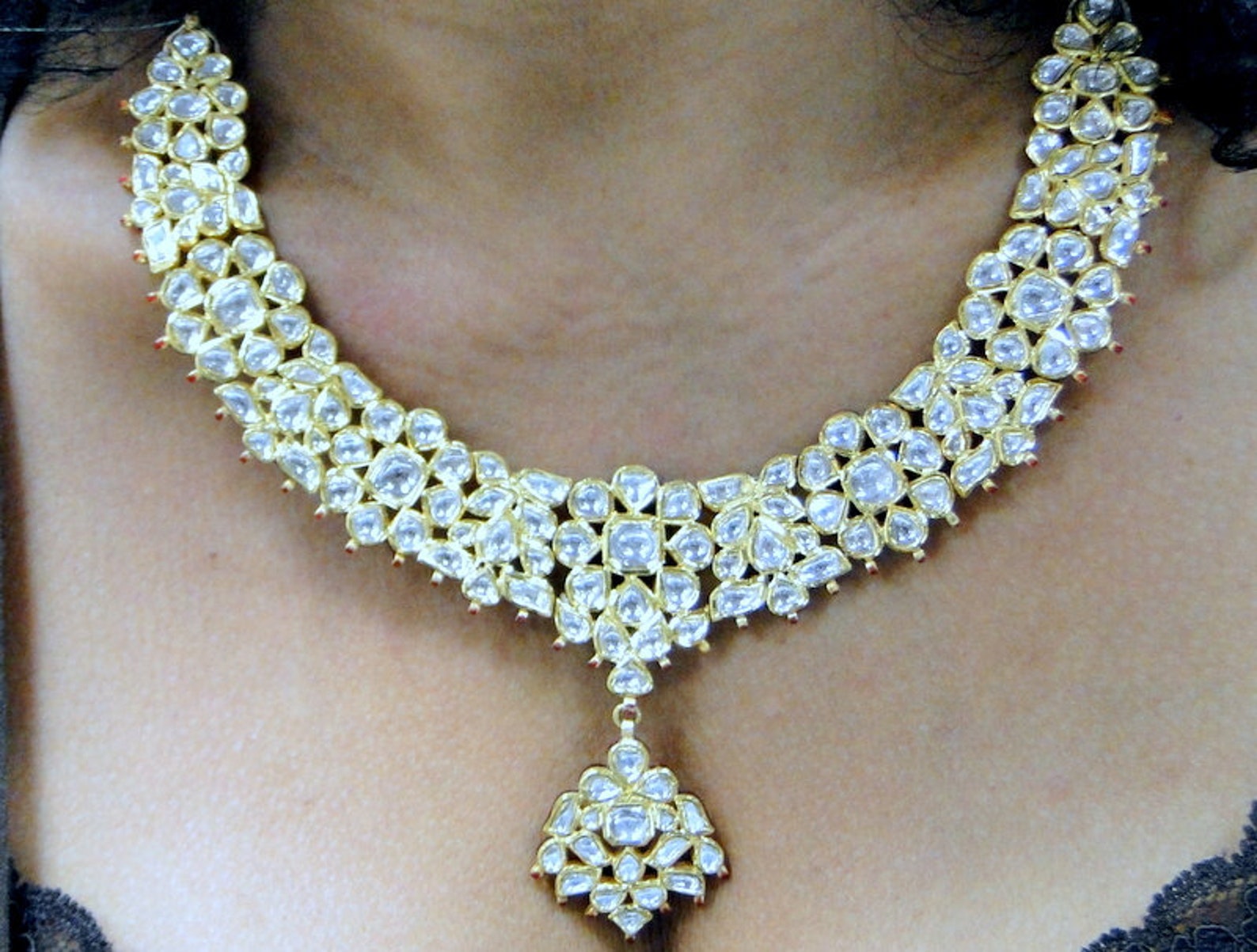 916 22 Ct Gold Polki Diamond Necklace Set Kundan Meena Work - Etsy